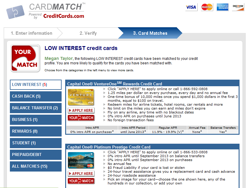 Creditcards.com Card Match results